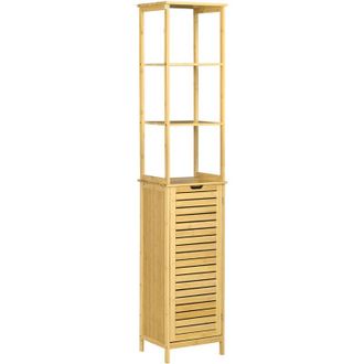 Kleankin Kleankin Estanter&iacute;a De Ba&ntilde;o De Bamb&uacute; Armario Alto Para Ba&ntilde;o Con 3 Estantes Y 1 Puerta Mueble Columna De Almacenaje Para Sal&oacute;n 34x30x173 Cm Natural