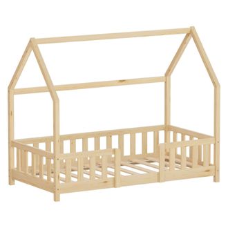 ML Design Ml-design Cama Infantil 80x160 Cm En Forma De Casa, Madera Maciza De Pino Natural Con Protecci&oacute;n Antica&iacute;da, Techo Y Somier De L&aacute;minas, Cuna De Suelo P