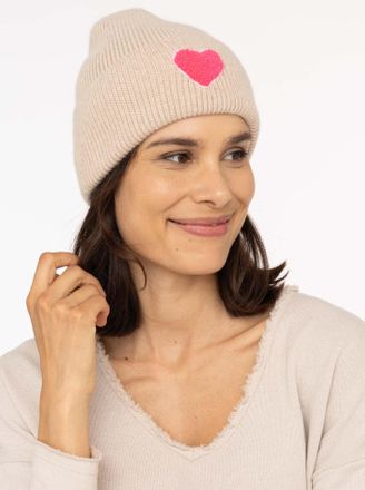 Zwillingsherz Beanie ZWILLINGSHERZ Heart Patch, Damen, beige, Grobstrick, Materialmix, unifarben mit Farbeinsatz, M&uuml;tzen Beanie, Grobstrick, Herzmotiv,Wollanteil, b