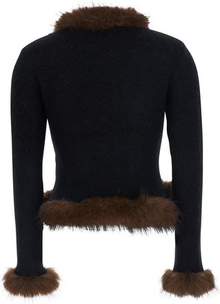 Self Portrait Faux Fur-Trimmed Cardigan - Black