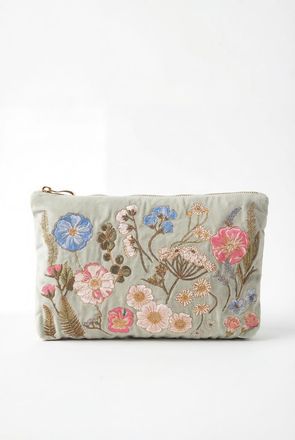 Elizabeth Scarlett Pressed Flowers Velvet Everyday Pouch in Sage at Nordstrom