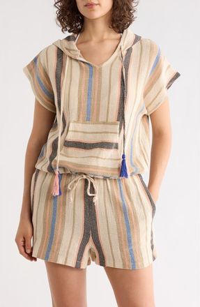 Elan Short Sleeve Cotton Cover-Up Hoodie in Natural/Blue Stripe at Nordstrom Rack, Size X-Large