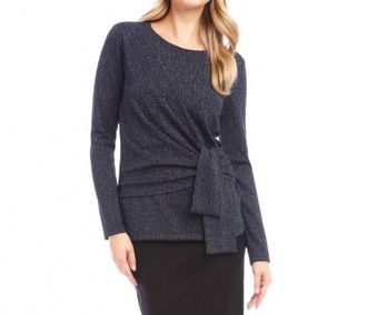 Karen Kane Long Sleeve Metallic Knit Side-Tie Top In Navy