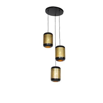 QAZQA Industrial L&aacute;mpara Colgante Vintage Negra Con Lat&oacute;n Redonda 3 Luces - Kayleigh Acero Redonda Adecuado Para Led Max. 3 X 40 Watt - Qazqa