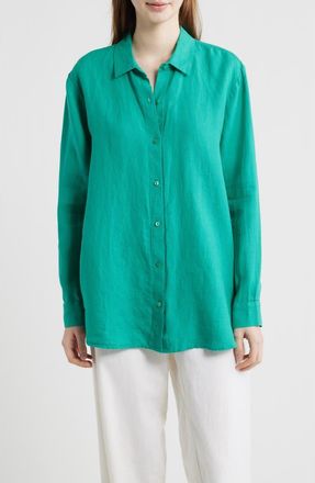 Eileen Fisher Classic Collar Organic Linen Long Button-Up Shirt in Sea Star at Nordstrom, Size Xx-Small