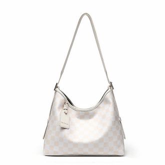 Generic Checkered Shoulder Bag Brown and White PU Leather Tote Bag for Women Travel Work (Style 3)