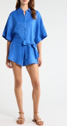 Elan Linen Cover-Up Romper in Sapphire Blue at Nordstrom, Size X-Large