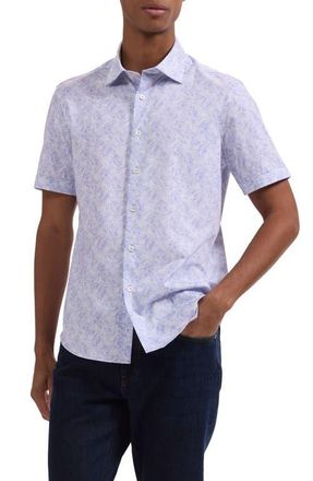 Bugatchi Miles OoohCotton Tropical Leaf Print Short Sleeve Button-Up Shirt in Lilac at Nordstrom, Size Xx-Large