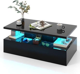 Costway Tavolino da Caff&egrave; a led a 2 Livelli con Colori della Luce Regolabili Velocit&agrave; e Luminosit&agrave; e Telecomando, Tavolo da Salotto Rettangolare e Moderno