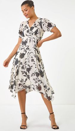 Roman Floral Print Hanky Hem Midi Dress