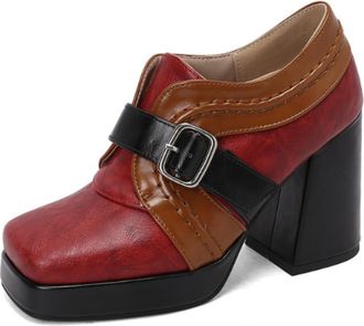 Generic Womens Platform Ankle Booties Square Toe High Chunky Heel Two Tone Design Buckle Strap Cushioned Insole Comfortable Non Slip Vintage Dress Shoes,Red,1