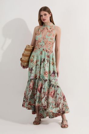 Karen Millen Womens Petite Floral Applique Lace Maxi Dress - Peach Leather - Size 14 UK