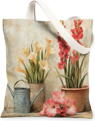 Generic Spring Farmhouse Gladiolus Canvas Tote Bag for Shopping 13x15, Rustic Vintage Floral Reusable Grocery Print Bag for Women Men, Country Flower Aestheti