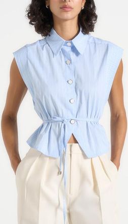 Mani&egrave;re De Voir Malia Wide Shoulder Cropped Shirt in Blue at Nordstrom, Size 12