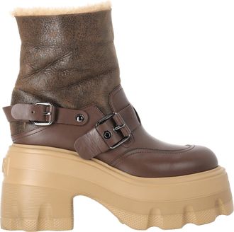 Casadei Shearling Lace Up Ankle Boots in Brown Leather