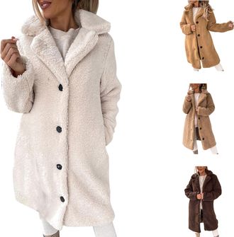 Generic Womens Coats Loose Winter Wool Lapel Ladies Jumpers Fleece Medium Length Cardigan Soft Warm Womens Jackets Button Up Womens Fashion Casual Coats Comfy