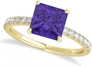 Allurez Princess Tanzanite & Diamond Single Row Hidden Halo Engagement Ring 14k Yellow Gold (0.81ct)