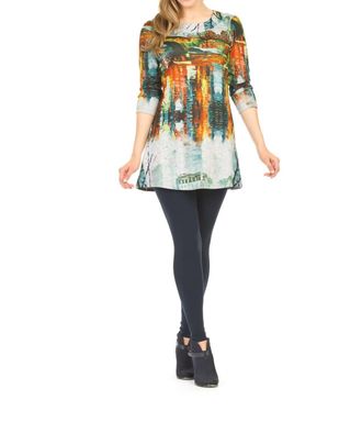 Papillon Watercolor Painter Print 3/4 Sleeve Dress In Orange Multi