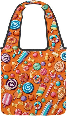 Generic Orange Candy Pattern Reversible Canvas Shoulder Tote - Double-Sided Print, 12oz Cotton, 27cm Drop, Fold-Flat Bag for Travel, Shopping, Street Outings
