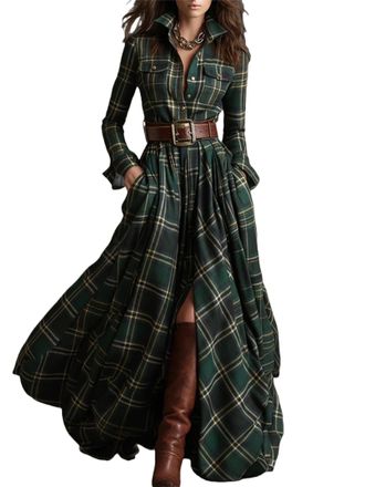 Generic Plaid Maxi Dress for Women, Long Dress Vintage V-Neck Long-Sleeve Pastoral Style Dresses with Pockets (Green,L)