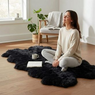 Infinity Leather Genuine Sheepskin Black Quad Natural Fluffy Silky Soft Real Wool Rug