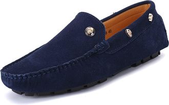 Generic Mens Loafers Shoes Suede Vamp with Rivet Stitching Details Genuine Leather Round Toe Flexible Anti-Slip Comfortable Casual Slip On(Navy,5.5 UK)