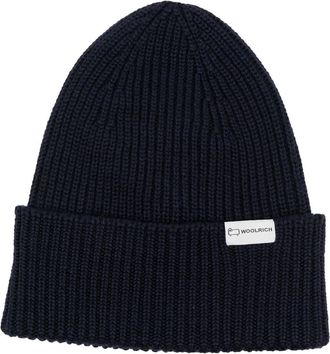 Woolrich logo-tag ribbed beanie - men - Virgin Wool - M - Blue