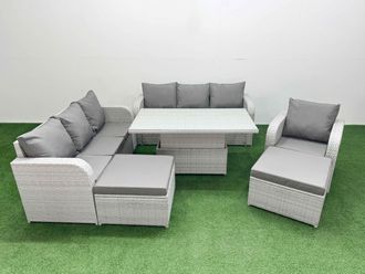 Fimous 9 Seater Poly Rattan Outdoor Garden Furniture Adjustable Lifting Dining or Coffee Table Sofa Set Patio 3 Seater Sofa Reclining Chair 3 Seater