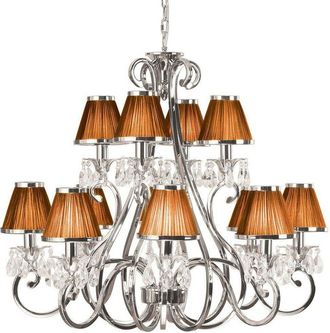 Loops Esher Ceiling Pendant Chandelier Nickel Crystal & Brown Shades 12 Lamp Light