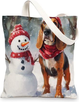 Generic Winter Christmas Bloodhound Dog Canvas Tote Bag for Shopping 13x15, Snowman Xmas Puppy Reusable Grocery Print Bag for Women, Holiday Beach Aesthetic P