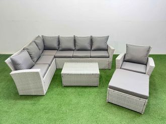 Fimous 8 Seater Garden Outdoor PE Rattan Furniture Set with Big Stool in Light Grey