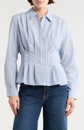 Max Studio Stripe Long Sleeve Pleated Button-Up Shirt in Indigo/Grey at Nordstrom Rack, Size X-Small