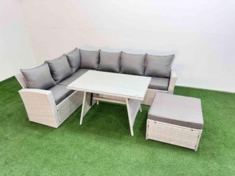 Fimous Garden Outdoor Rattan Furniture Set with Big Footstool 7 Seater in Light Grey