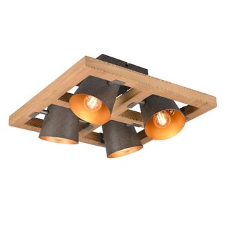 Trio Bell Plafoniera Quadrata Legno Naturale 4 Spots Orientabili Diffusori Metallo Acciaio Anticato Interno Oro 39x39cm Attacco E14