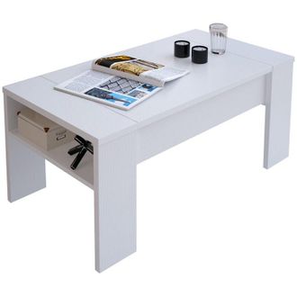 Dmora Tavolino da Salotto Corallo, un Vano, Piano Sollevabile, Forma Rettangolare, 98x50x43h cm Bianco