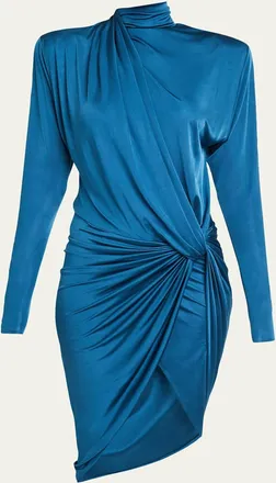 Balmain Strong-Shoulder Draped Jersey Long-Sleeve Dress