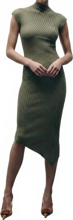 Avec Les Filles Asymmetric Sweater Midi Dress In Olive Multi
