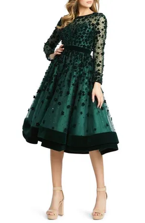 Mac Duggal Embellished Illusion High Neck Long Sleeve Fit & Flare in Emerald at Nordstrom, Size 0
