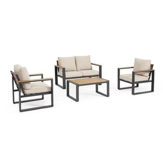 Konte Design Sal&oacute;n de jard&iacute;n con cojines beige y detalles efecto madera