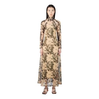 Rokh Maxi Dresses, female, Beige, Size: L Tattoo Print Dress