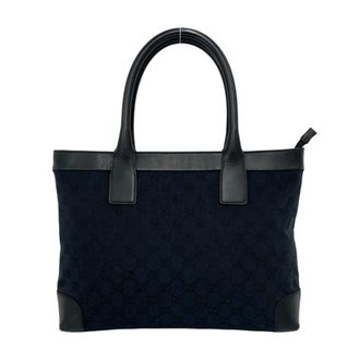 Gucci Black Navy Canvas Leather Handbag Tote Bag (Pre-Owned)