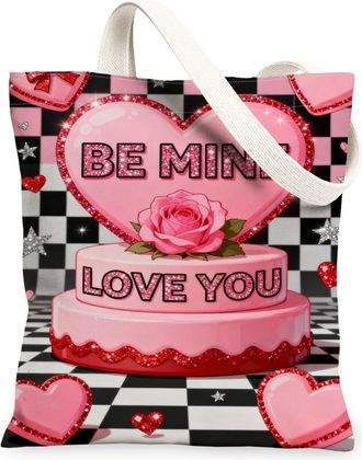 Generic ValentineS Day Heart Canvas Tote Bags, Romantic Rose Pattern Reusable Grocery Bags, Lightweight Washable Shoulder Strap Ca, Peach, 13x15 Inch