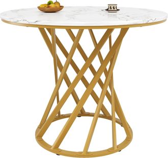 STILVORA Mesa De Comedor Redonda Para 4 Personas En Mdf Y Metal Con Motivo Marmoleado, Patas Ajustables - 80&times;80&times;76 Cm, Dorado Y Blanco