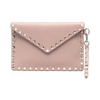 Valentino Garavani Clutches, female, Pink, Size: ONE SIZE Pink Leather Studded Clutch Bag
