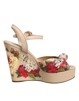 Dolce & Gabbana Beige Floral Ankle Strap Wedge Sandals Womens Shoes