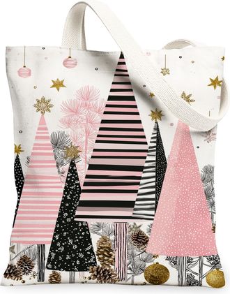 Generic Christmas Trees Canvas Tote Bags, Stylish Forest Design Reusable Grocery Bags, Winter Chic Lightweight Washable Shoulder St, Peach, 13x15 Inch