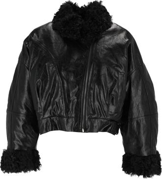 Eleh Black Glossy Cropped Plush Detailed Jacket