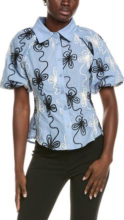 Gracia Flower Stitch Puff Sleeve Shirt