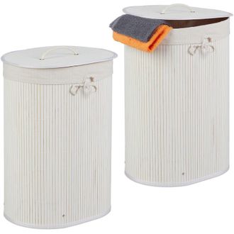 Relaxdays Set 3 Cestos Ropa Sucia Ovalados Con Tapa, Cubo Colada Con Saco Textil Lavable, Ba&ntilde;o Y Dormitorio, 55x42x32cm, Natural