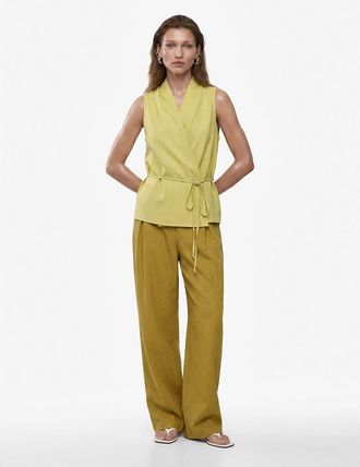 Koton Linen Blend Halter Neck Wrap Blouse with Tie in Green at Nordstrom, Size 12